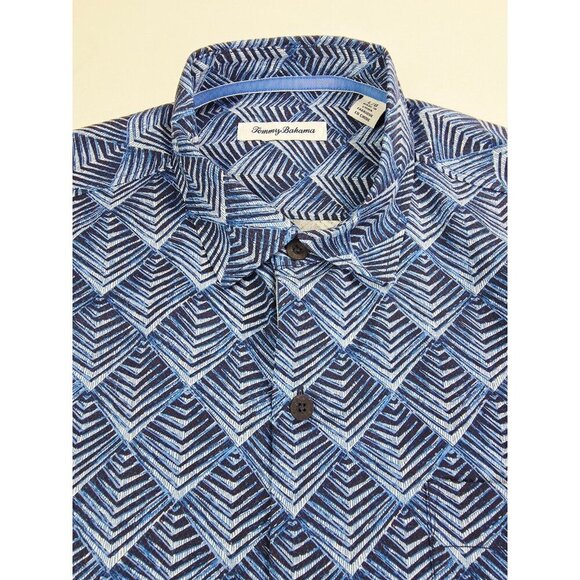 Tommy Bahama Size Large Mens Silk Black Blue White Pattern Logo Tag Short Sleeve - Picture 11 of 11